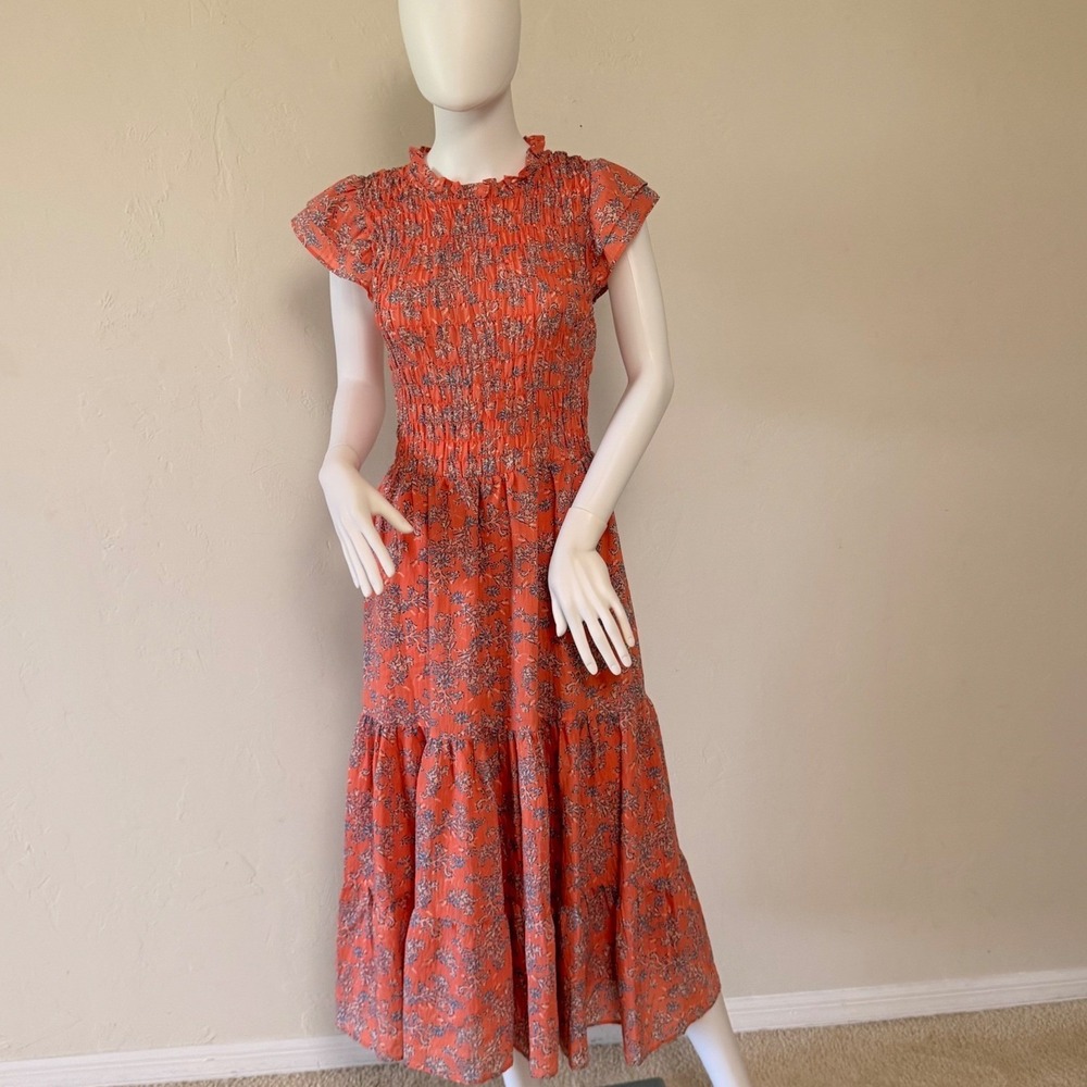 NWT Sam Edelman Matilda Smocked Midi Dress Terra Cotta Floral Size S